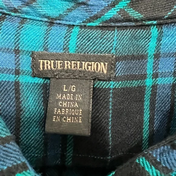 True Religion gold zippered blue plaid shirt - Picture 5 of 10